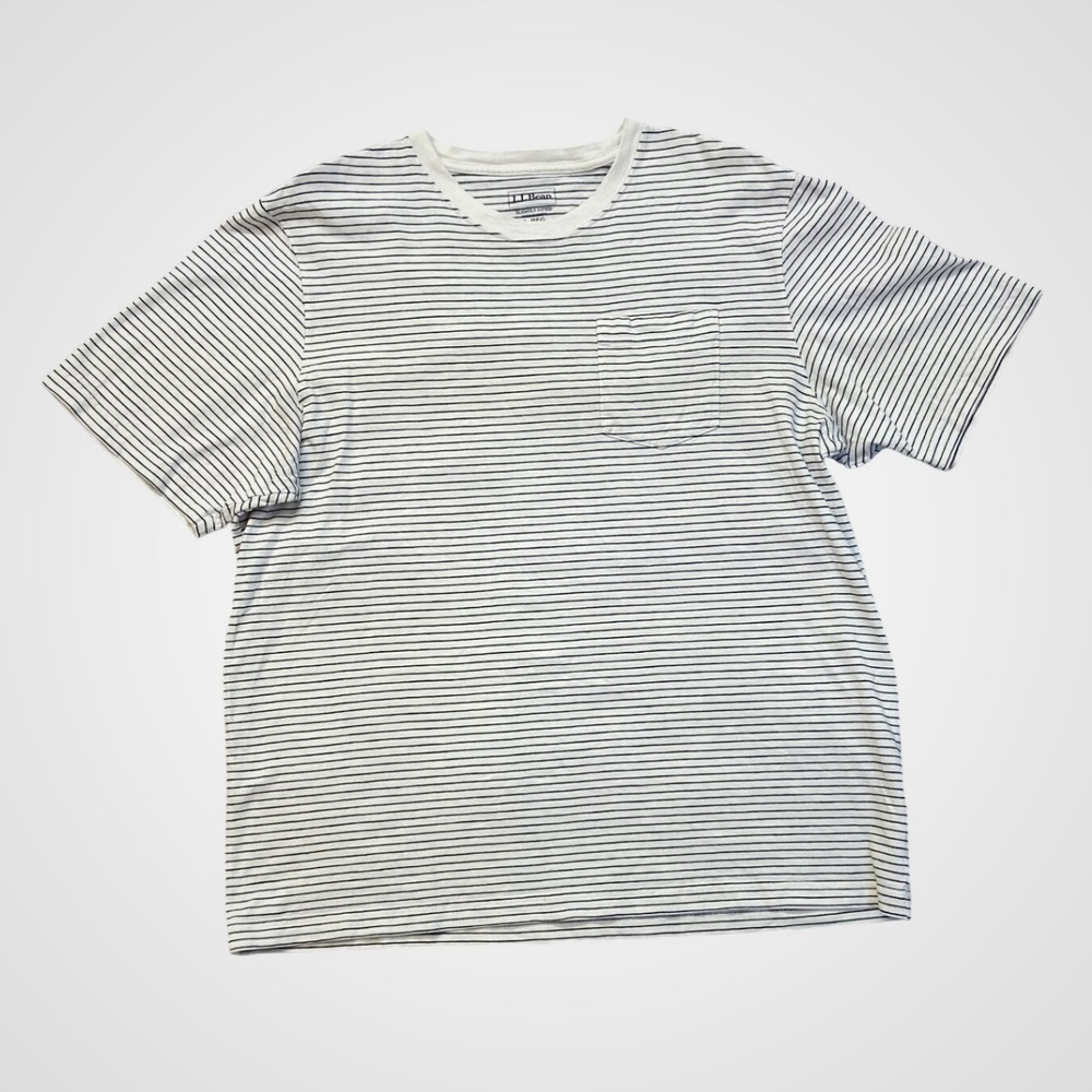 L.L. Bean Striped Pocket Tee Mens L White Navy Excellent Organic Cotton Shirt